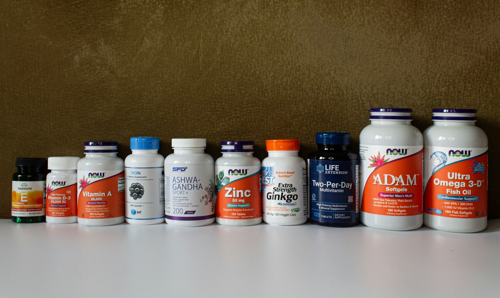 Row of supplement bottles